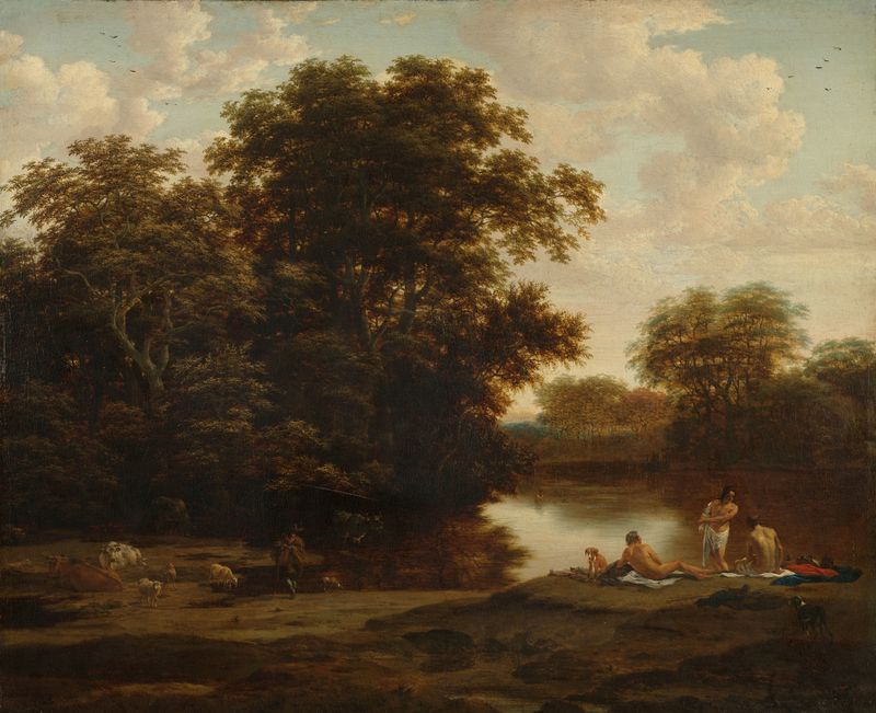 Landscape with Bathers, óleo sobre lienzo de Joris van der Haagen, con figuras en el agua y vegetación exuberante.