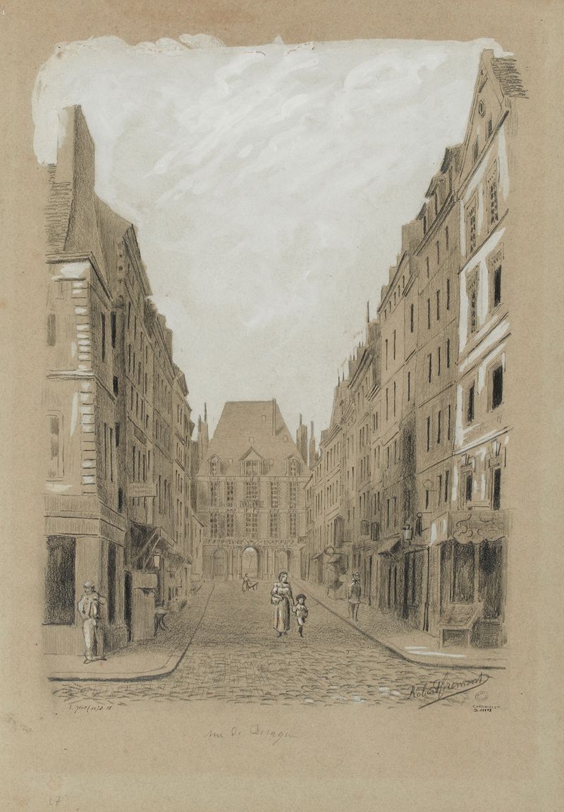 Rue de Birague de Robert Frémont, Impressionismo, retratando uma rua estreita com paralelepípedos e edifícios históricos.