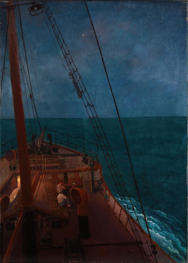Marine scene by Emil Orlik, depicting a night voyage in deep blues and blacks.
