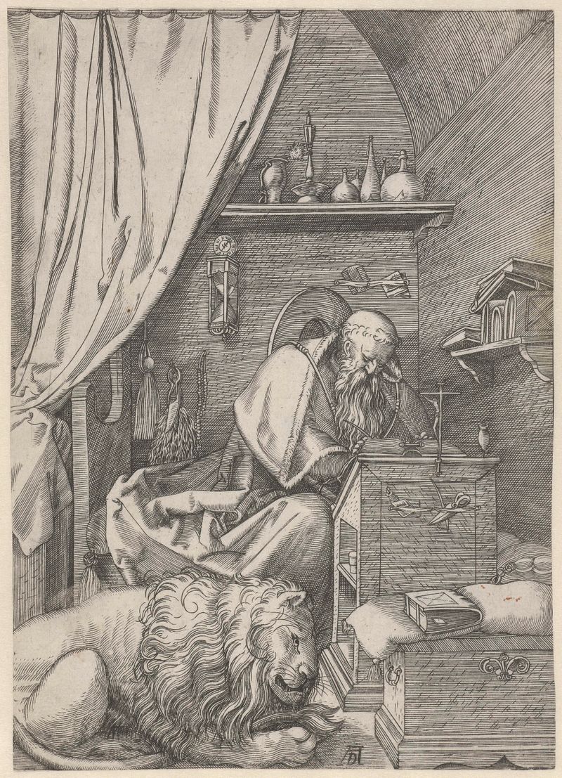 Grabado de Unknown Artist que representa a un sabio en contemplación con luz y libros.