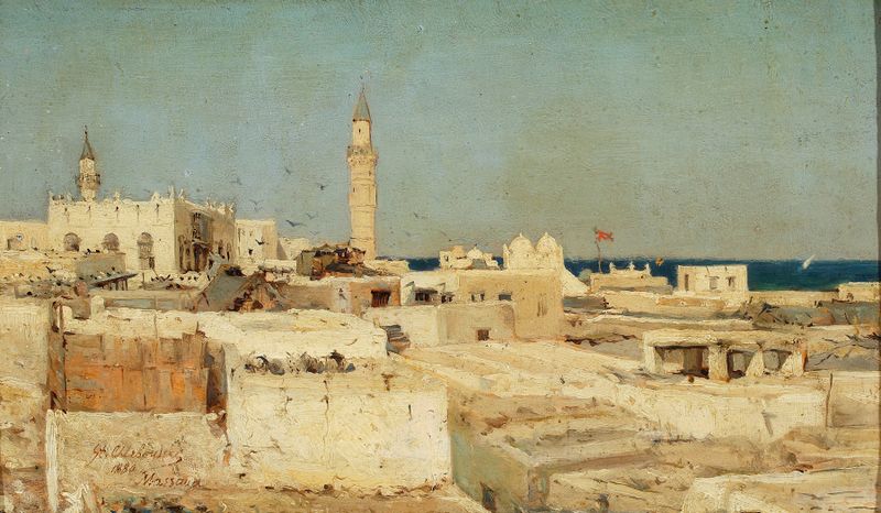 View of Massawa by Stanisław Chlebowski, oil painting depicting a sunset over tranquil waters