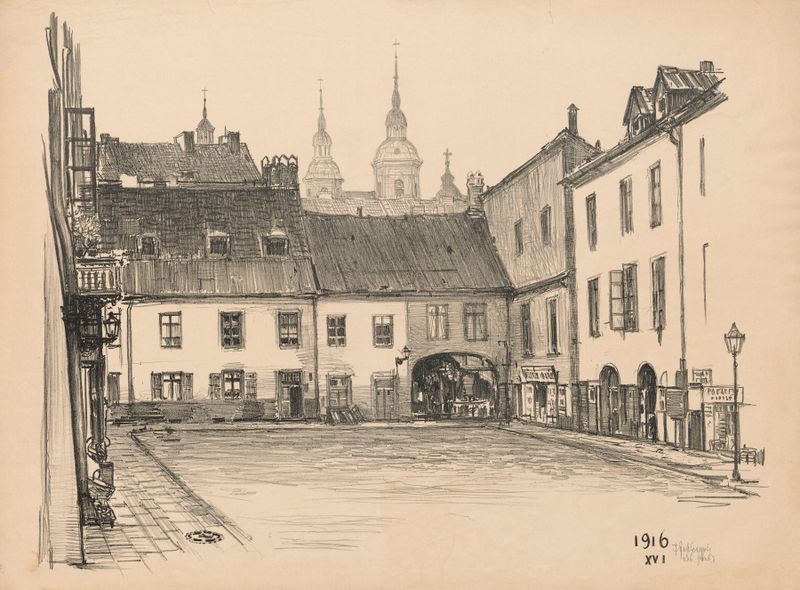 Escena de género que representa la vida en la calle en Szeroki Dunaj Street de Feliks Jabłczyński, óleo sobre lienzo