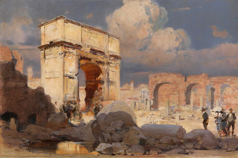 Oil on canvas by Erich Kips depicting the ruins of an arch in a landscape