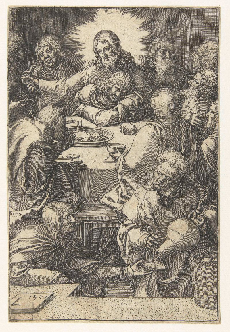 Grabado Laatste avondmaal de Lucas van Leyden mostrando figuras alrededor de una mesa con luz suave