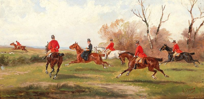 Fox Hunt by Alfred Steinacker, oil on canvas depicting hounds chasing a fox in a vibrant landscape.