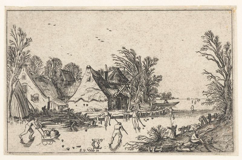 Schaatsers en kolfspelers bij boerderijen, gravura de Unknown Artist