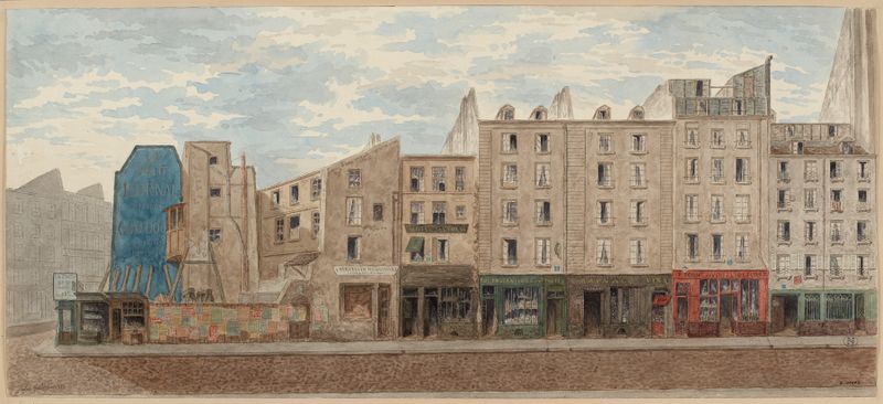 Paisaje urbano con adoquines y cielo crepuscular de Jules Gaildrau, óleo sobre lienzo.