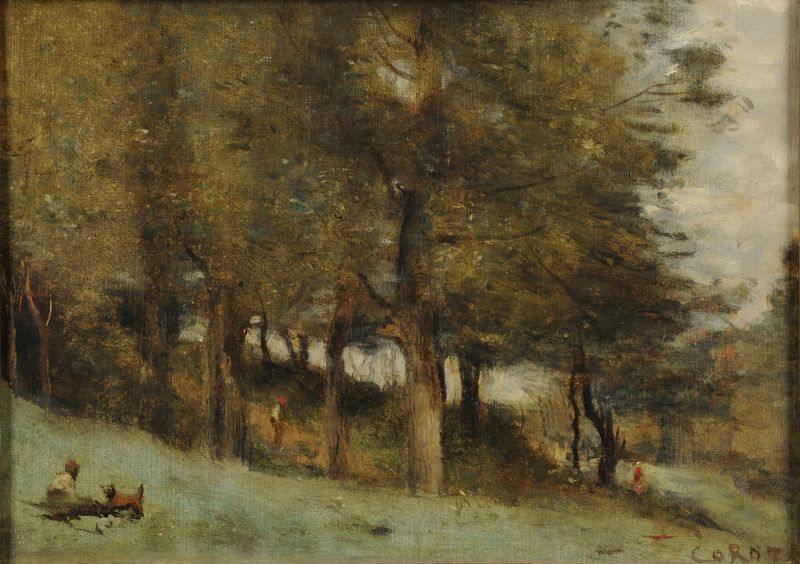 Paisaje bajo un dosel frondoso, pintura al óleo de Jean-Baptiste-Camille Corot