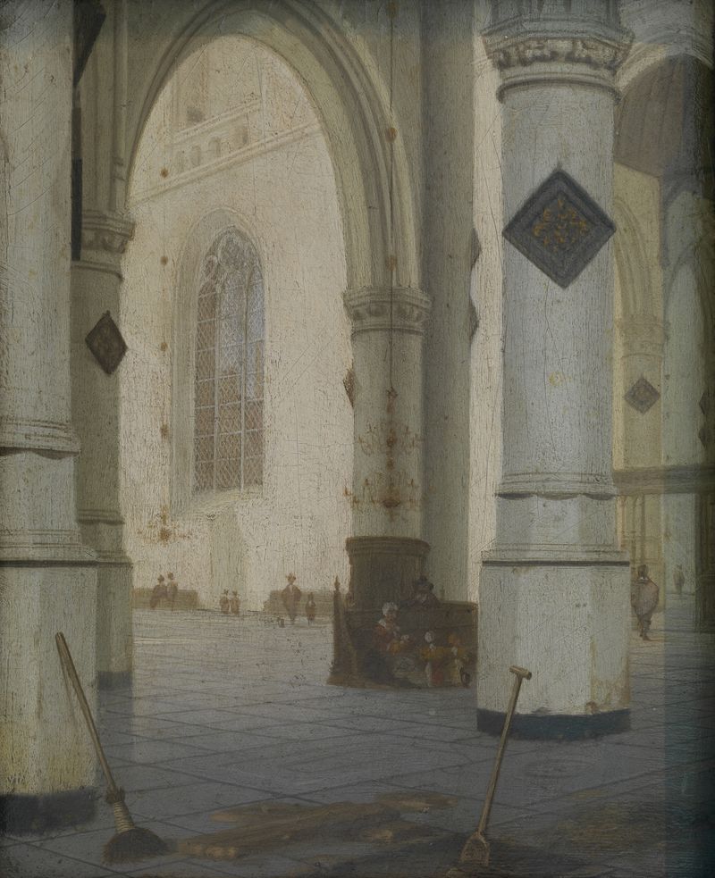 Interior de iglesia con columnas altas y efectos de luz, pintura al óleo de Hendrick Cornelisz. van Vliet
