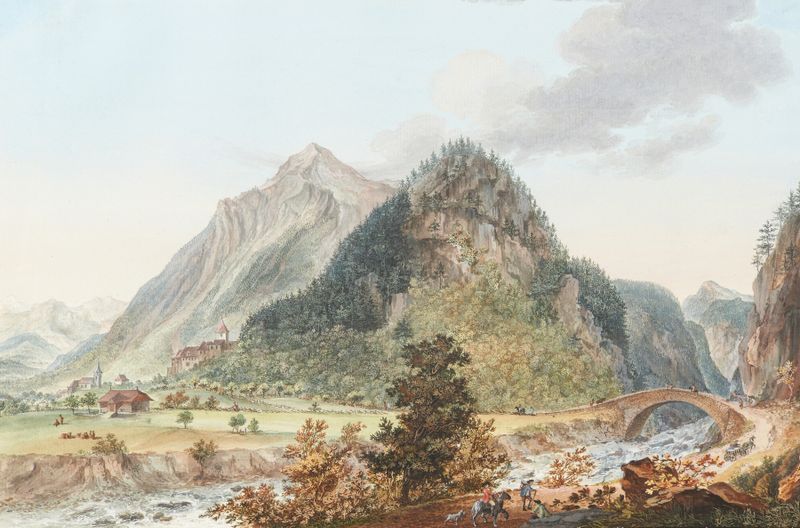 Vue du Chateau et du Pont de Wimmis by Niklaus Sprüngli, landscape artwork depicting a river and bridge.