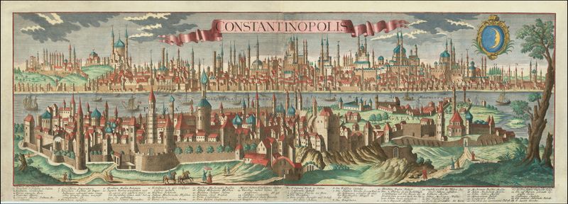 Grabado de Constantinopolis por Jeremias Wolff, con un horizonte de colores vibrantes.