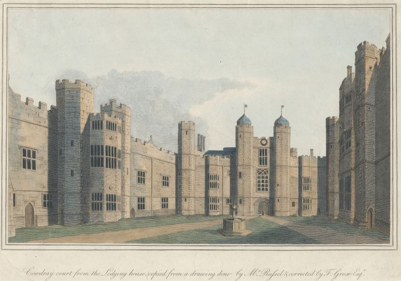 Paisagem de Cowdray Court com vegetação exuberante, por Capt. Francis Grose, pintura a óleo