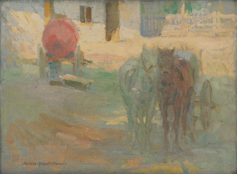 Farm Yard with Yoked Horses, oil on canvas by Elemír Halász-Hradil, depicting yoked horses in a sunlit farmyard.