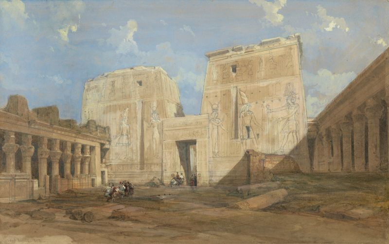 Entrance to the Temple of Isis de David Roberts, óleo sobre tela representando arquitetura antiga com luz.