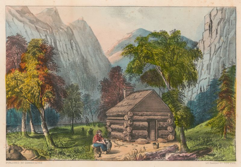 La cabaña pionera del valle de Yo-semite, litografía de Currier & Ives, mostrando una cabaña en un bosque.