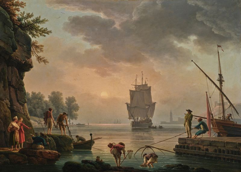 Paisaje brumoso con árboles y un bote, pintura al óleo de Claude-Joseph Vernet
