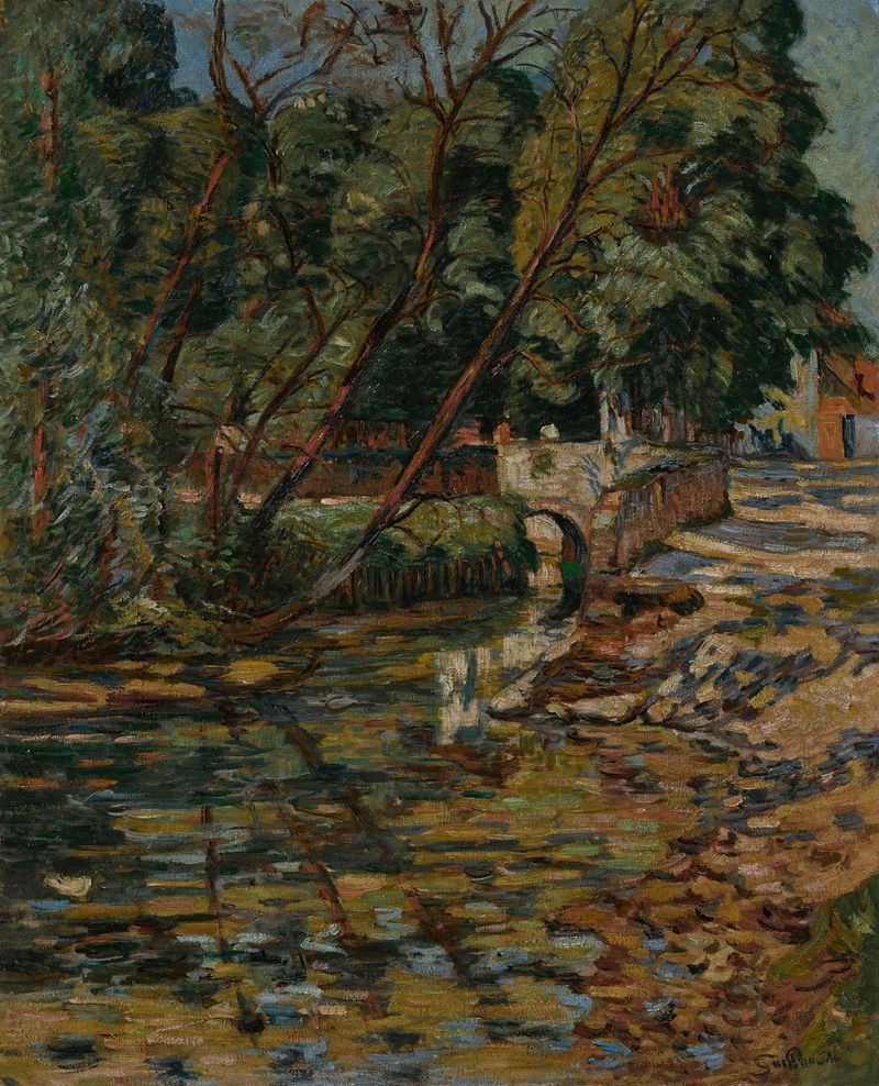 Abreuvoir à Epinay-Le-Breuil de Armand Guillaumin, pintura a óleo de uma paisagem tranquila de rio.