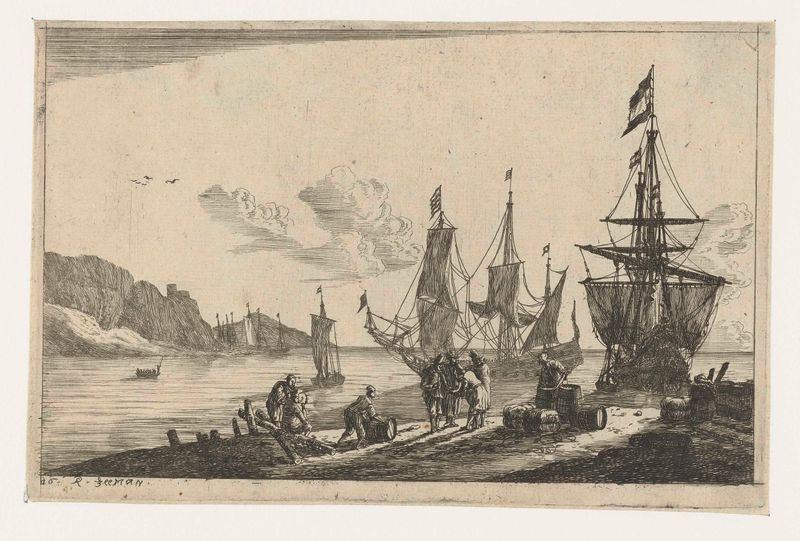 Haven met zeilschepen en zeelieden op de kade, grabado de Reinier Nooms