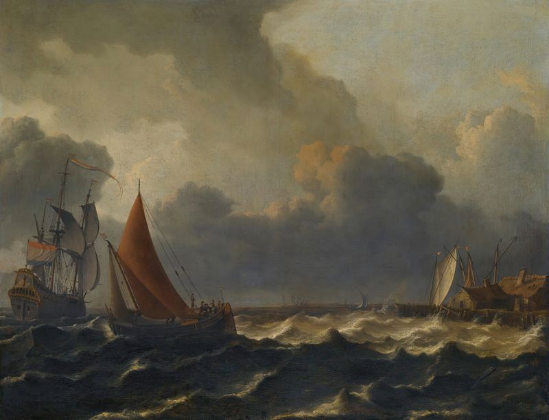 Aernout Smit oil on canvas depicting a ship in a stiff breeze with a flagship and jetty