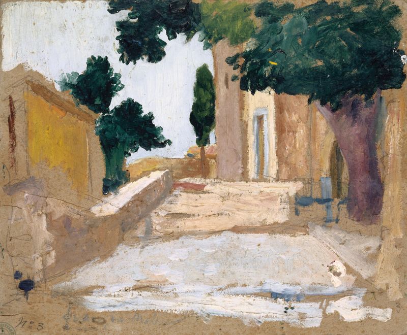 Southern Village Square, óleo sobre lienzo de Unknown Artist, muestra un pueblo con luz dorada sobre los adoquines.