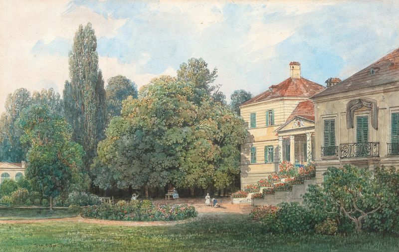 Villa in a park by Thomas Ender, depicting a serene landscape with sunlight filtering through trees.