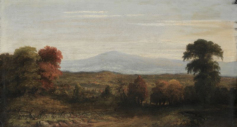 Paisaje óleo de Jasper Francis Cropsey que representa montañas al atardecer
