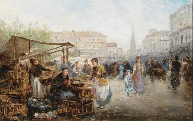 A Market Scene in Vienna by Emil Barbarini, realism artwork
