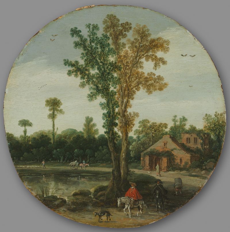 Travelers by a Lake, oil on panel by Esaias van de Velde, depicting figures by a reflective lake.