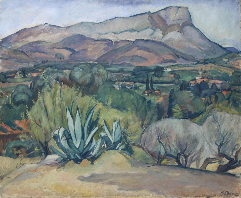 Paisagem da Provença de Mathilde Battenberg, óleo sobre tela com colinas e céu lavanda.