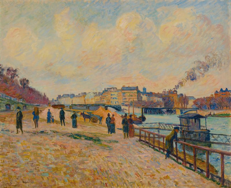 Quai Saint-Bernard, Paris de Armand Guillaumin, pintura a óleo que retrata um rio ao pôr do sol