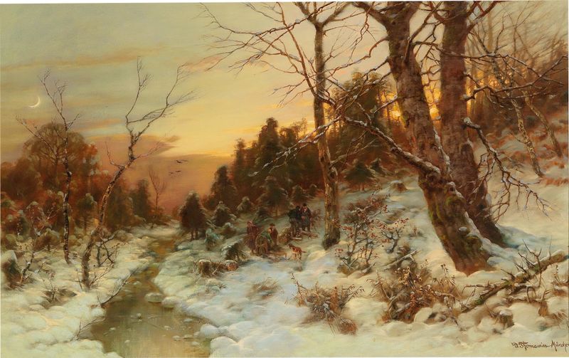 Woodworkers in a winter woodland, oil on canvas by Désiré Thomassin