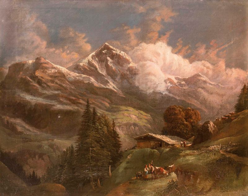 Alpine landscape with mountains, oil on canvas by Gustav Barbarini