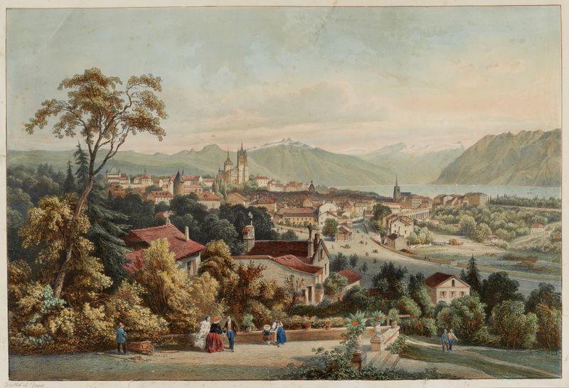 Paisagem de Jean Jacottet com montanhas e um céu dramático, pintura a óleo