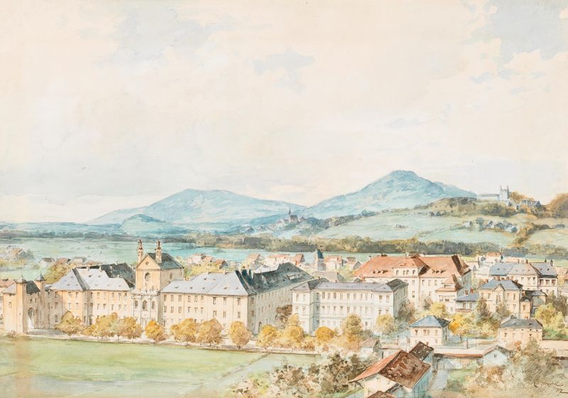 A view of Salzburg with the Salzach River, St. John's Hospital, and church by Franz Kulstrunk, medium unknown.