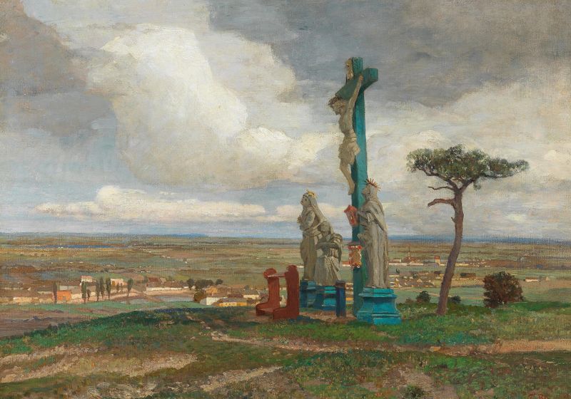 A Calvary group on the Hochberg near Perchtoldsdorf de Tina Blau, paisaje impresionista con figuras.