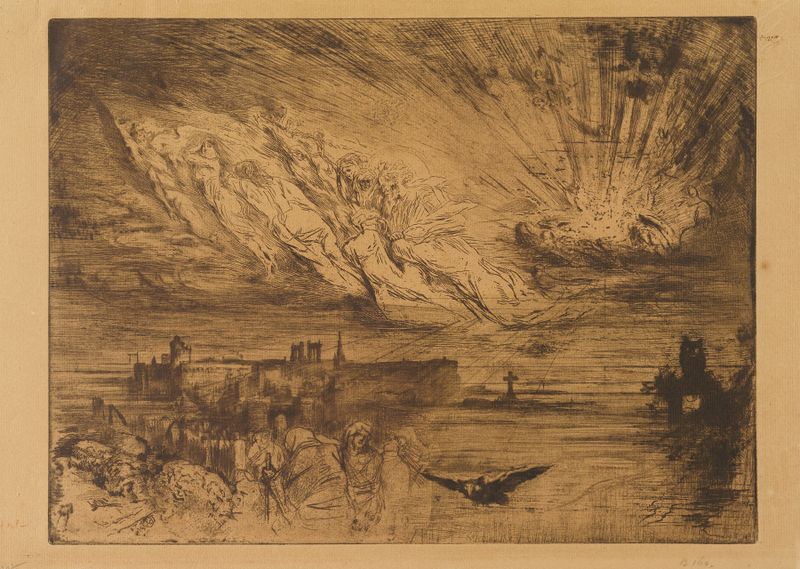 Ethereal figures in an etching by Félix Hilaire Buhot, blending with swirling grays and blues.