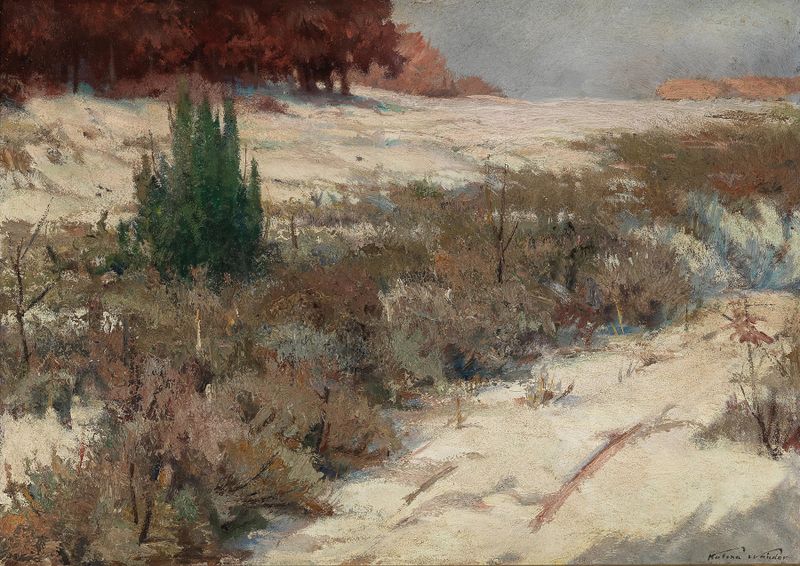 A Winter Landscape by Ferdinand Katona, depicting snow-covered hills and a solitary tree, oil painting