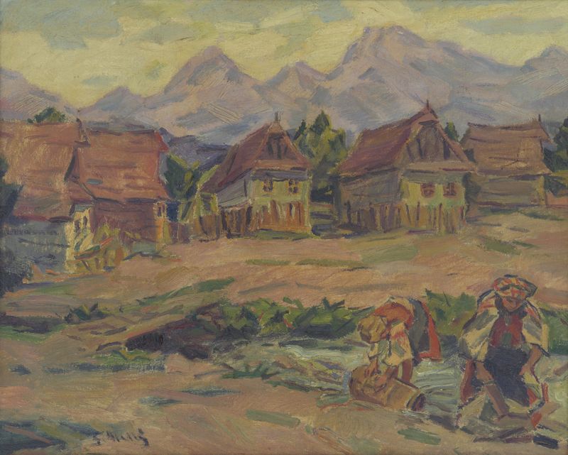 On a Brook below the Tatras by Gustáv Mallý, oil painting depicting a serene brook and lush landscape.