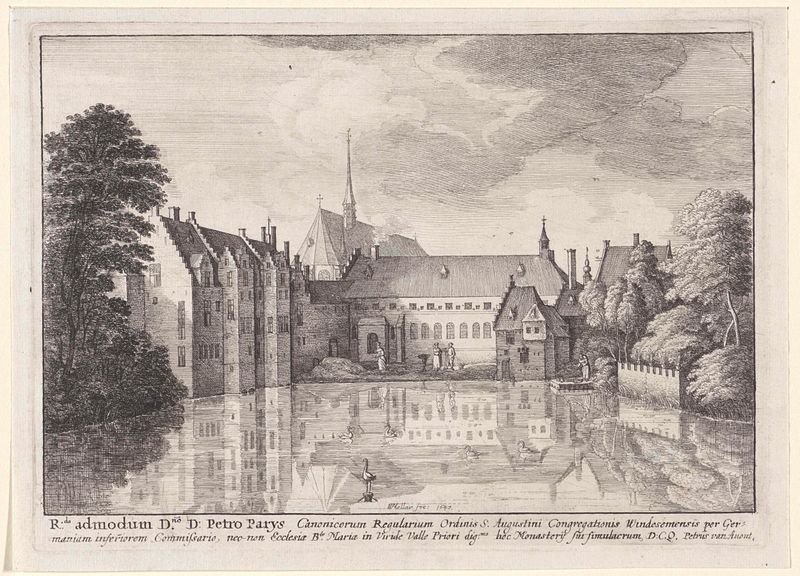 Gravura de Wenceslaus Hollar mostrando a abadia de Groenendael em uma paisagem tranquila