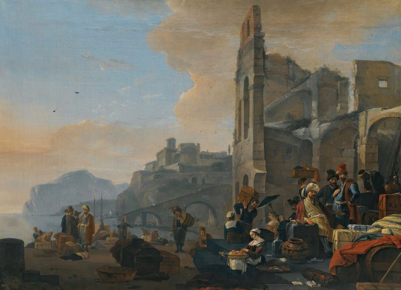 An Italianate coastal landscape with figures in traditional dress by Thomas Wijck, unknown medium