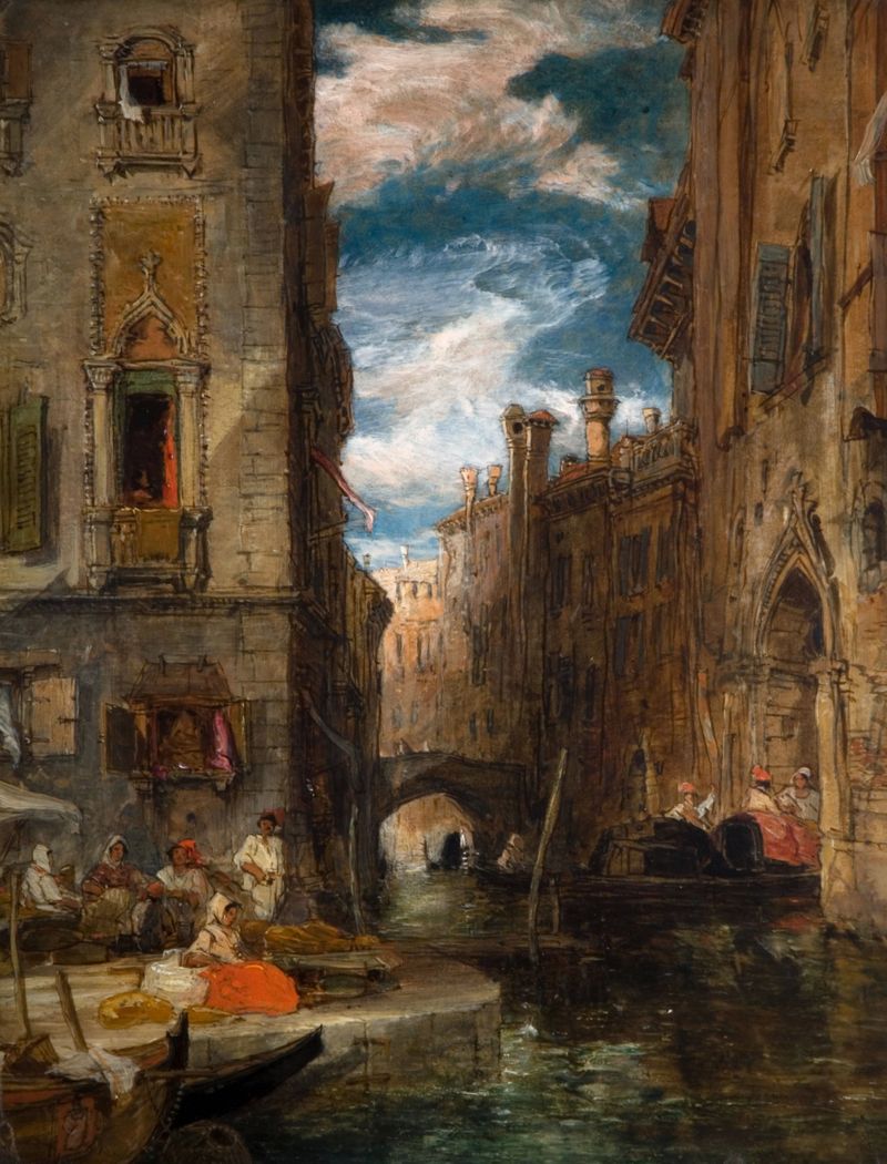 A Recollection Of Venice by James Holland, oil painting depicting a canal with light reflections.