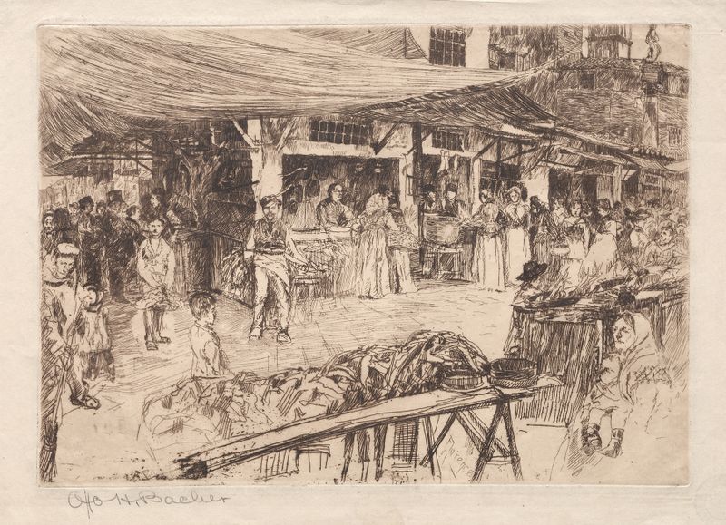 Escena de género que representa un bullicioso mercado en óleo de Otto Henry Bacher