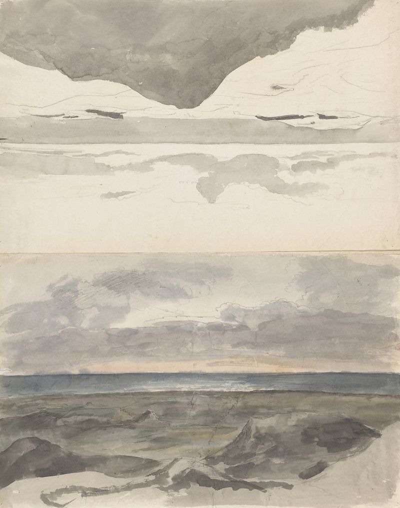 Cena marinha com ondas suaves e uma costa serena, pintura a óleo de Jakob Christoph Miville