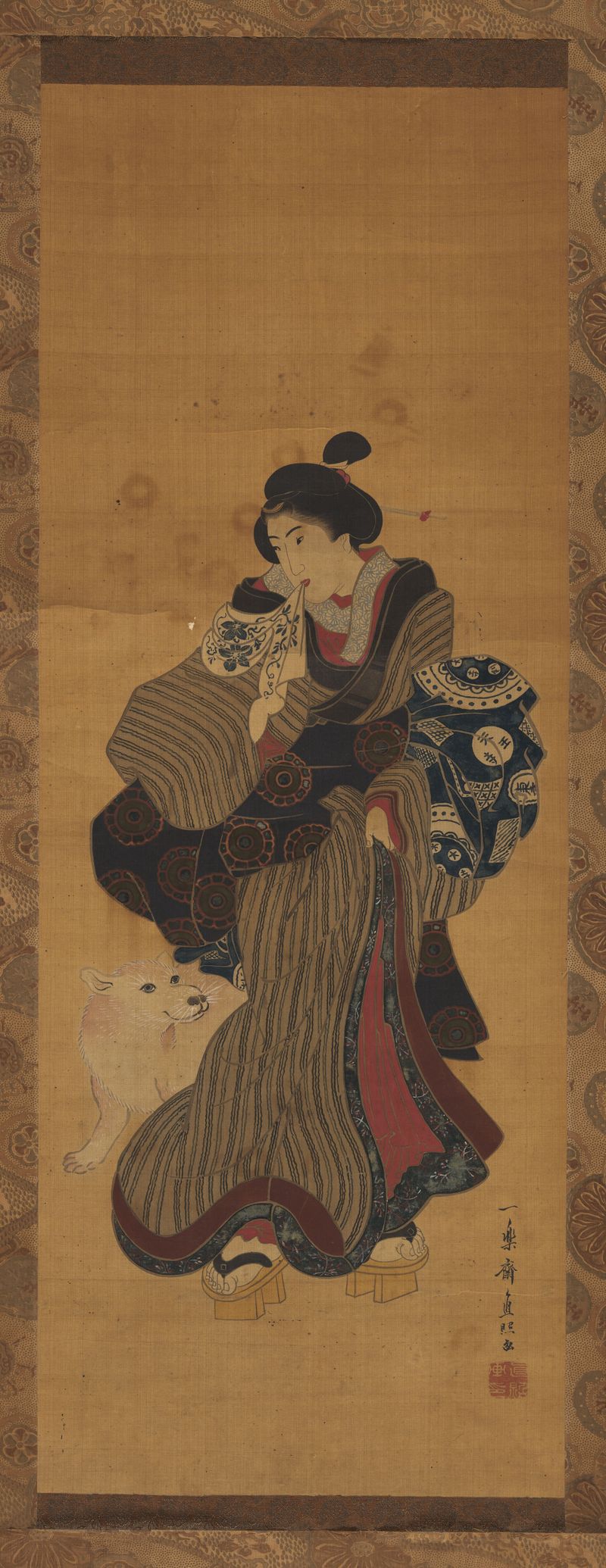 Courtesan and Dog, seda de Utagawa Kuniteru, con una cortesana en un kimono y un perro.