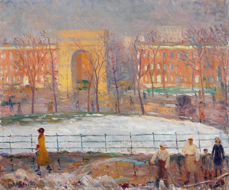 Street Cleaners, Washington Square de William James Glackens, pintura al óleo de limpiadores de calles en adoquines.