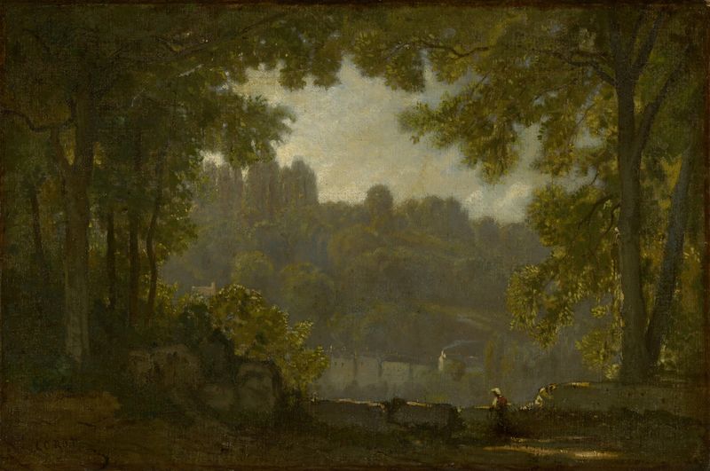Forest Landscape de Jean-Baptiste-Camille Corot, pintura a óleo de colinas e luz serenas.