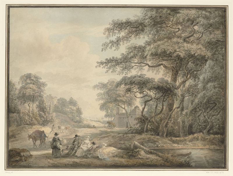 Travellers Halted in a Wooded Landscape, pintura al óleo de Paul Sandby