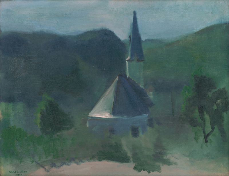 Church Near Jasov de Rudolf Kremlička, retratando uma paisagem serena com uma igreja e árvores ao redor.
