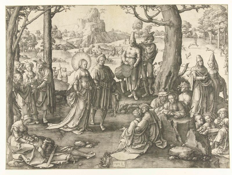 Gravura de Lucas van Leyden retratando Maria Madalena dançando em uma paisagem com anjos