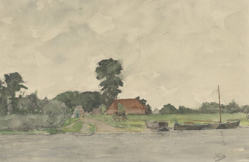 Paisaje con granja y árboles, óleo de Johannes Abraham Mondt